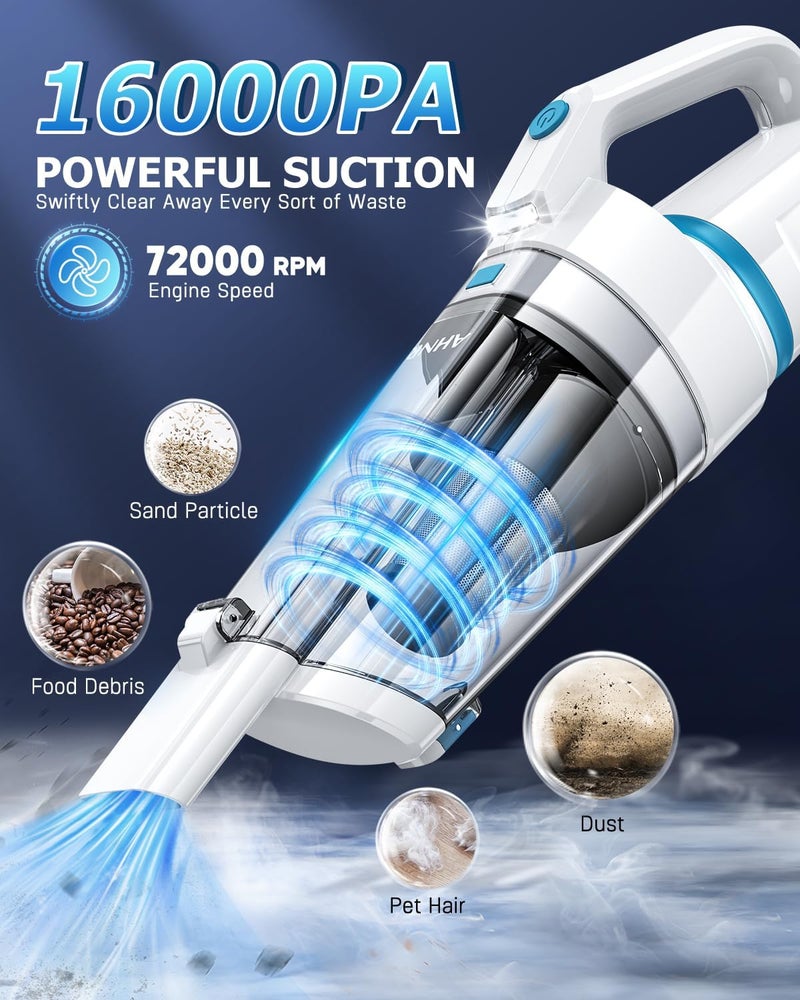 AHNR Handheld Vacuum Cordless, 16000PA Powerful Suction Hand Held Vacuum Dust Busters Cordless Rechargeable with LED Light & 2 HEPA Filters, Portable Car Vacuum Cleaner High Power for Car Home Office - Image 2